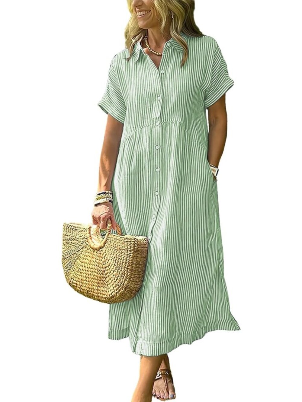 Boho Striped Button-Up Shirt Dress with Pockets | Loose Fit, Side Slit, Cotton